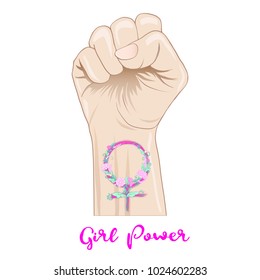 Woman's hand fist raised up freedom sign with feminism sign with flowers flash tattoo. Wrist in pink color girl power symbol with floral. Colors body art. Vector illustration.