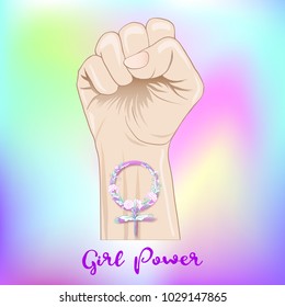 Woman's hand fist raised up freedom sign with feminism sign with flowers flash tattoo. Wrist in pink color girl power symbol with floral. Colors body art in pink and purple pastel goth colors. Vector 