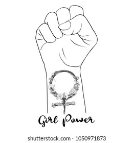 Woman's hand fist raised up freedom sign with feminism sign with flowers flash tattoo. Wrist in pink color girl power symbol with floral. Colors body art. Vector illustration.