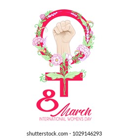 Woman's hand fist raised up. Feminism sign with flowers. 8 March International Women's day. Feminism concept. Realistic style vector illustration. Sticker, card, patch design