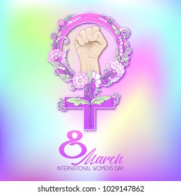 Woman's hand fist raised up. Feminism sign with flowers. 8 March International Women's day. Feminism concept. Vector illustration. in pink and purple pastel goth colors Sticker, card, patch design