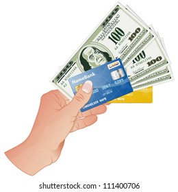 Woman's Hand with Five Hundred Dollar Bills and Credit Cards, vector, template for design, vector