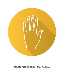 Woman's hand flat linear long shadow icon. Manicure. Vector line symbol