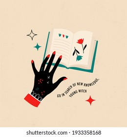 Woman's hand flips through the pages. Open book. Knowledge and mysticism concept art. Inspirational quote. Modern bright trendy illustration for poster, print, icon, tattoo. Doodle sketch, vector eps