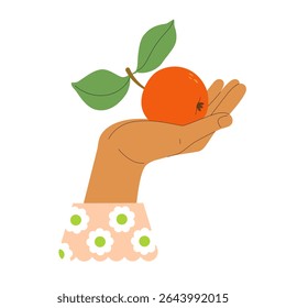Woman's hand with floral shirt cuff holds freshly picked red apple with leaf from tree. Vector cute illustration for jam jar label, cookbook, recipes, harvest, gardening, farm local shop.