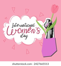 A woman's hand with a flower and text in the cloud is International Women's Day. Dotted women's arms with tulips, pink sleeve. Grunge, collage, semitones, dots. The banner is pink for the holiday