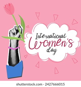 A woman's hand with a flower and text in the cloud is International Women's Day. Dotted women's arms with tulips, blue sleeve. Grunge, collage, semitones, dots. The banner is pink for the holiday