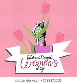 Woman's hand with a flower in tulips. The text in the feed is International Women's Day. A woman's polka dot hand with tulips, pink sleeve. Grunge, collage, semitones, dots. Banner for holiday is pink