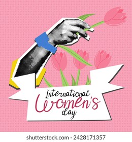 Woman's hand with a flower in tulips. The text in the feed is International Women's Day. Woman's polka-dot hand with tulips, roll up the sleeve. Grunge, collage, semitones, dots. The banner is pink