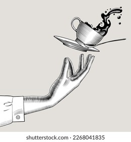 Woman's hand and flying Coffee cup with a splashed coffee or tee, dish and spoon. Vintage stylized drawing. Vector illustration