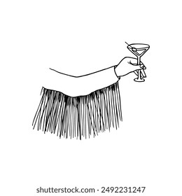 La mano de la mujer en una chaqueta Fringe sostiene un vaso de martini con garabato de oliva. dibujo dibujado a mano