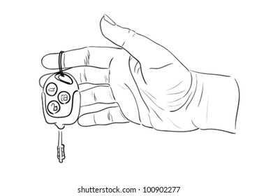 Woman's hand giving key from modern car. Sketch illustration.