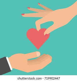 Woman's hand giving or putting heart symbol into a man's opened palm
