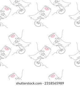 Womans hand with a glass of wine in one continuous line and abstract lipstick mark on it. Happy Wine Day. Isolate. Design for wrapping, print, poster, banner or card, web, label or price. Vector. EPS