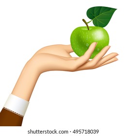Woman's hand with a green apple isolated on white background. Vector illustration
