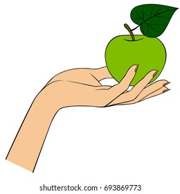 Woman's hand with a green apple isolated on white background. Vector illustration