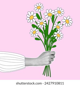 La mano de una mujer con un efecto de semitono sostiene un ramo de margaritas florecientes. Ilustración vectorial moderna en estilo de collage retro.