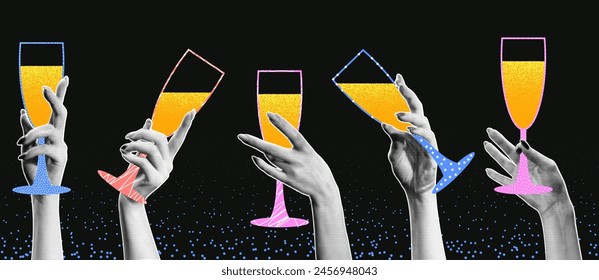 A woman's hand with a halftone effect holds a glass of champagne at a holiday party. Vector elements for creating festive New Year cards, advertising banners, flyers in vintage collage style.