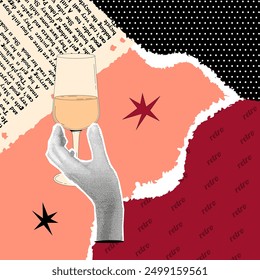 Womans hand with halftone effect holds glass of white wine. Dotted poster in retro collage style. Contemporary vector newspaper elements