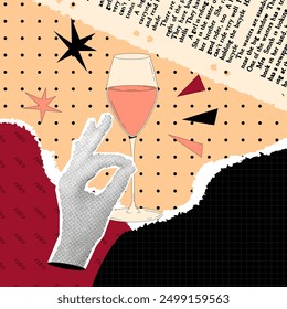 Frauen Hand mit Halbtoneffekt hält Glas rosa Wein. Gepunktetes Poster im Retro-Collage-Stil. Zeitungselemente für moderne Vektorgrafiken