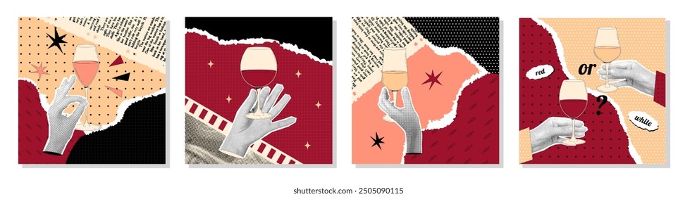 Womans hand with halftone effect holds glass of wine. Dotted posters set in retro collage style. Contemporary vector newspaper elements 