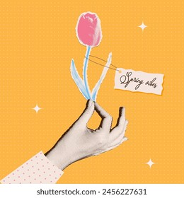 A woman's hand with a halftone effect with tulip in a retro magazine style. Modern spring illustration in retro collage style.