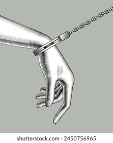 A woman's hand handcuffed on a long chain. Black and white drawing in vintage engraving style. Vector illustration