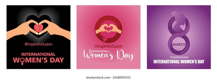 Woman's hand with heart sign. Silhouette of woman with the female sign. International Women's Day Campaign. Women's Day concept. Set flat vector illustration.