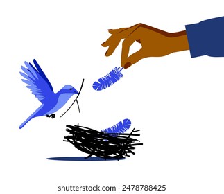 A woman's hand helping a bird to build a nest. Bird's nest with a fluttering bird. Theme is nature conservation. Vector illustration 