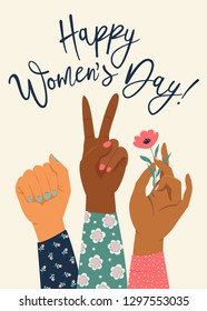 Woman's hand with her fist raised up. Girl Power. Feminism concept. Realistic style vector illustration in pink pastel goth colors isolated on white. Sticker, patch graphic design.