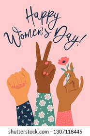 Woman's hand with her fist raised up. Girl Power. Feminism concept. Realistic style vector illustration in pink pastel goth colors isolated on white. Sticker, patch graphic design. - Shutterstock ID 1307118445