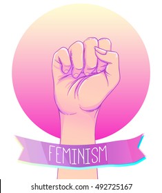 Woman's hand with her fist raised up. Girl Power. Feminism concept. Realistic style vector illustration in pink  pastel goth colors isolated on white. Sticker, patch graphic design.