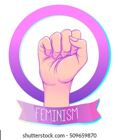 Woman's hand with her fist raised up. Girl Power. Feminism concept. Realistic style vector illustration in pink pastel goth colors isolated on white. Sticker, patch graphic design.