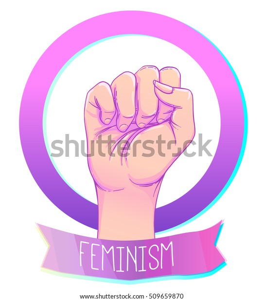拳を上げた女性の手 女の子パワー フェミニズムのコンセプト 白い背景にピンクのパステルのゴス色のリアルなスタイルのベクターイラスト ステッカー パッチグラフィックデザイン のベクター画像素材 ロイヤリティフリー