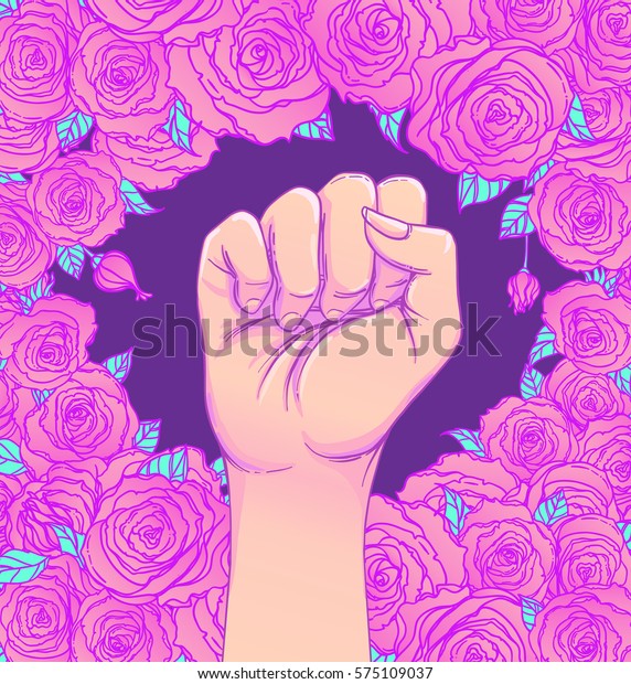 Woman\'s\
hand with her fist raised up. Girl Power. Feminism concept.\
Realistic style vector illustration in pink  pastel goth colors\
isolated on white. Sticker, patch graphic\
design.