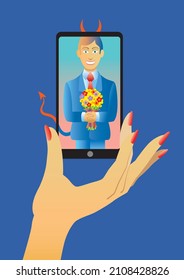 A woman's hand hold a mobile phone. On the screen is a handsome man, carrying a bunch of flowers. Outisde of the screen though, we see the red horns and tial of a devil.