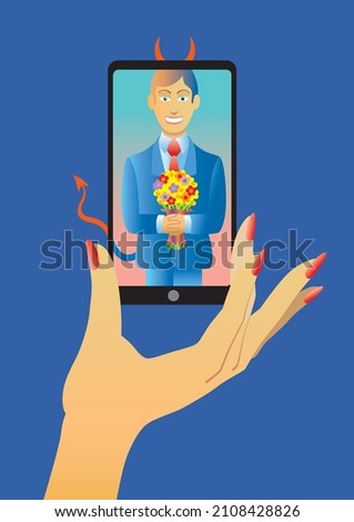 A woman's hand hold a mobile phone. On the screen is a handsome man, carrying a bunch of flowers. Outisde of the screen though, we see the red horns and tial of a devil.