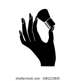 Woman's hand hold thick brush for make up. Vector icon. Illustration on a flat design style