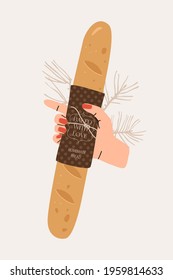 Woman's hand holding baguette wrapped in branding paper. Baguette or fresh baked bread aesthetic. Small business vector illustration isolated on white background. 