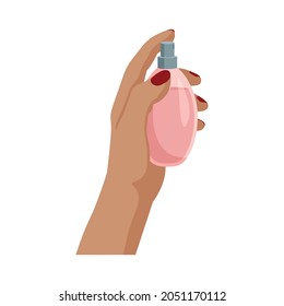 Woman's hand is holding a Bottle of parfum.  Eau de Toilette. Flat vector illustration isolated on white background.