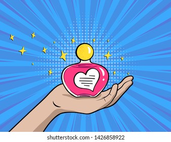 Woman's hand holding a bottle of perfume. Vector illustration in comic style. Ray bright background with dots and halftones