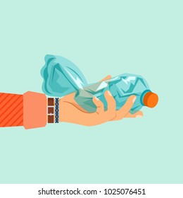 Womans hand holding broken plastic bottle vector illustration