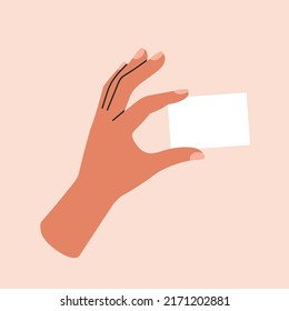 Woman's hand holding a business card. Template with blank sheet of paper for your information.
Advertising, poster, social media design.
Hand drawn vector illustration.