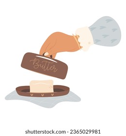 Womans hand holding butter dish. Morning breakfast concept.