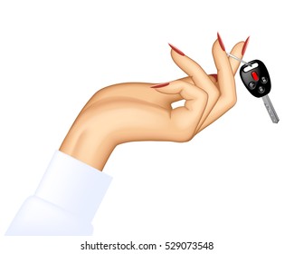 Woman's hand holding car key. Vector illustration