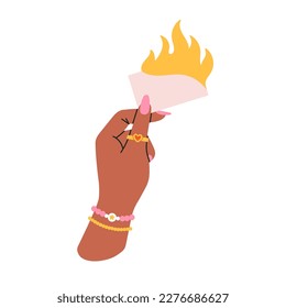 Woman's hand holding card in fire, flame. Expressive gesture, cool golden jewelry and manicure. Hot design. Hand drawn vector illustration isolated on white background.