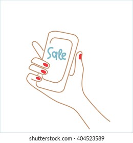 woman's hand holding a cell phone with the word discount. eps 10