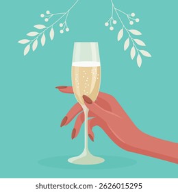woman's hand holding champagne glass flat vector illustration isolated on colored background