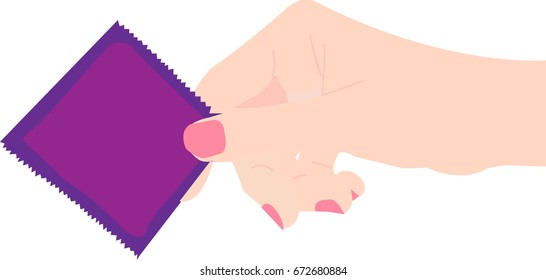 Woman's hand holding a condom , safe sex concept , isolated on white background (Vector)