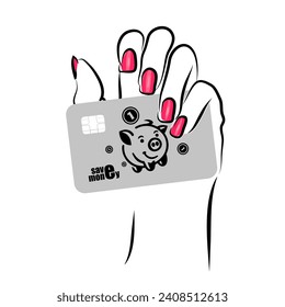 Woman's hand holding credit card. save money. Bank card in hand. SHOTLISTbanking. hand drawing. Not AI, Piggy bank. Vector illustration